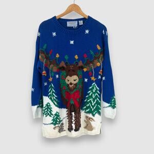 Vintage Hand-Knit Christmas Holiday Sweater Moose & Winter Scene Size Medium